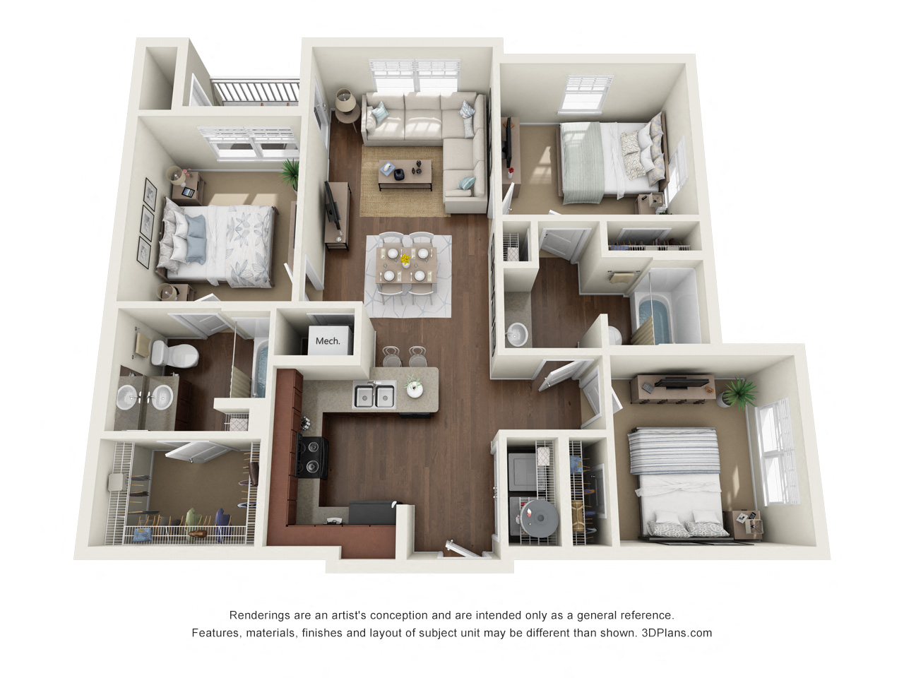 Floor plan for 3 beds, 2 baths, 1067 sqft